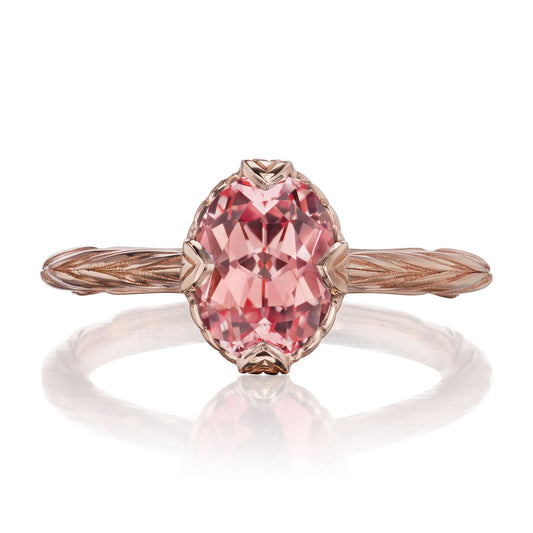 ::color_rose ::| 1.75ctw oval peach sapphire solitaire engagement ring Olivia rose gold front view