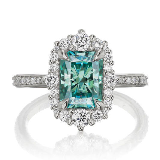 ::color_white ::shank_halfway_three-quarters ::shank_three-quarters_halfway_no ::| 2.21ctw+ radiant aqua-teal moissanite engagement ring Adeline white gold diamond shank front view