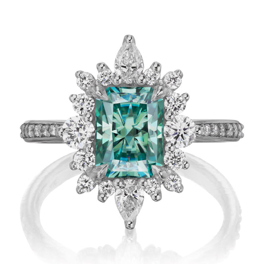 ::color_white ::shank_halfway_three-quarters ::shank_three-quarters_halfway_no ::| 2.38ctw+ radiant aqua-teal moissanite engagement ring Talia white gold diamond shank front view