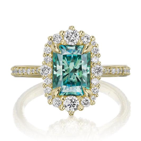 ::color_yellow ::shank_halfway_three-quarters ::shank_three-quarters_halfway_no ::| 2.21ctw+ radiant aqua-teal moissanite engagement ring Adeline yellow gold diamond shank front view