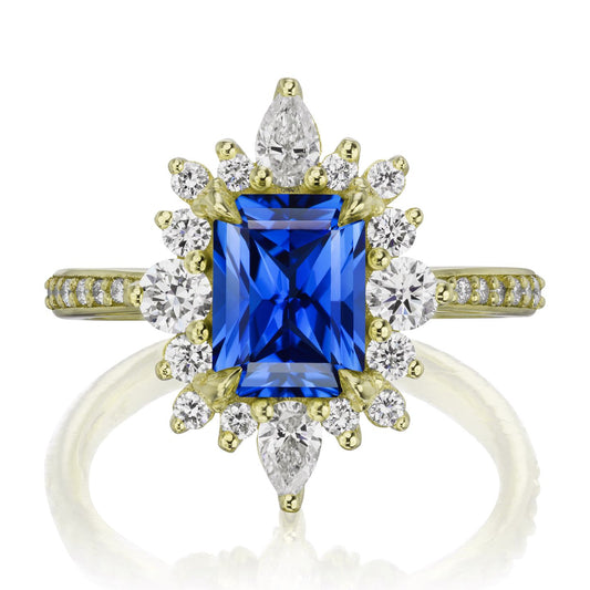 ::color_yellow ::shank_halfway_three-quarters ::shank_three-quarters_halfway_no ::| 2.48ctw+ radiant blue sapphire engagement ring Talia yellow gold diamond shank front view