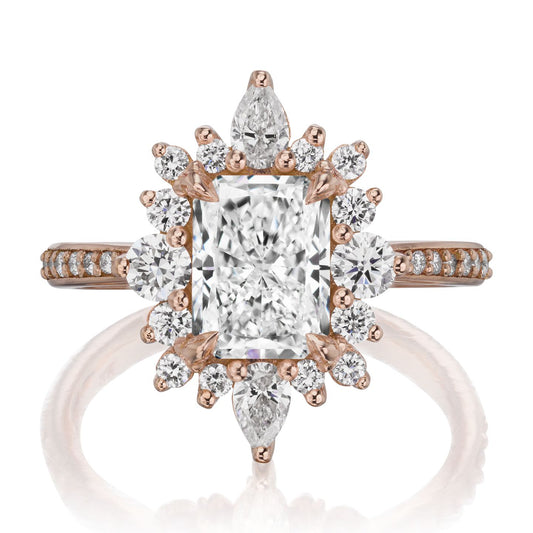 ::color_rose ::shank_halfway_three-quarters ::shank_three-quarters_halfway_no ::| 2.1ctw+ radiant lab-grown diamond engagement ring Talia rose gold diamond shank front view