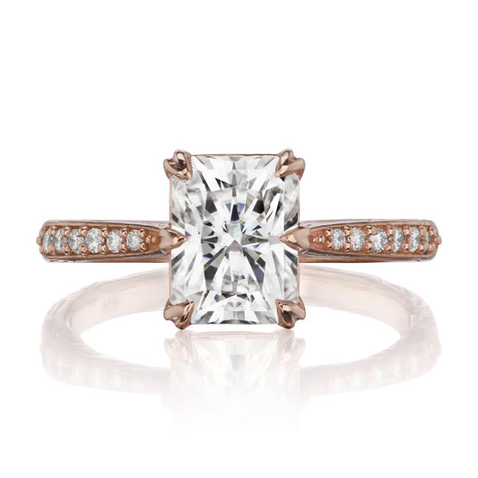 ::color_rose ::| 1.8ctw radiant moissanite engagement ring Naomi rose gold diamond shank front view