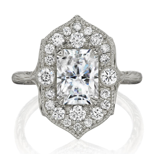 ::color_white ::| 2.35ctw radiant moissanite diamond halo engagement ring Estella white gold front view
