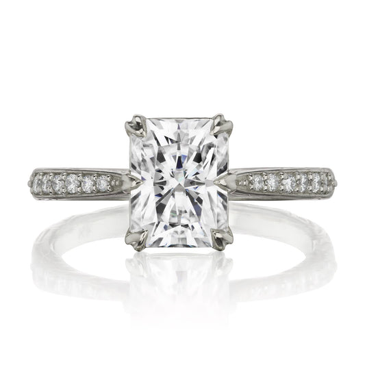::color_white ::| 1.8ctw radiant moissanite engagement ring Naomi white gold diamond shank front view