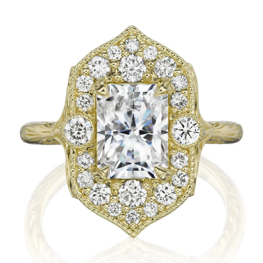 ::color_yellow ::| 2.35ctw radiant moissanite diamond halo engagement ring Estella yellow gold front view