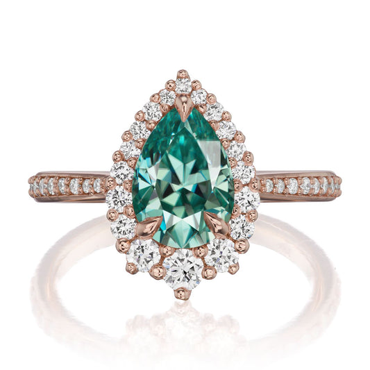 ::color_rose ::shank_halfway_three-quarters ::shank_three-quarters_halfway_no ::| 1.83ctw+ pear aqua-teal moissanite engagement ring Celeste rose gold diamond shank front view