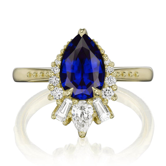 ::color_yellow ::shank_no ::shank_three-quarters_halfway_no ::| 2.21ctw+ pear blue sapphire engagement ring with diamond accents Artemis yellow gold front view