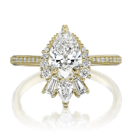 ::color_yellow ::shank_halfway_three-quarters ::shank_three-quarters_halfway_no ::| 1.5ctw+ pear lab-grown diamond engagement ring with diamond accents Artemis yellow gold diamond band front view