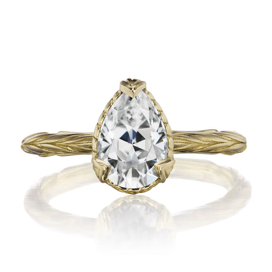 ::color_yellow ::| 1.5ctw pear moissanite solitaire engagement ring Fiona yellow gold front view