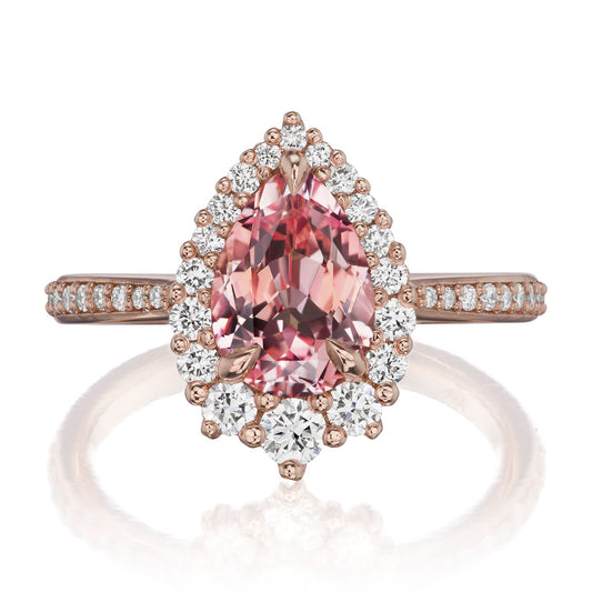 ::color_rose ::shank_halfway_three-quarters ::shank_three-quarters_halfway_no ::| 2.23ctw+ pear peach sapphire engagement ring Celeste rose gold diamond shank front view