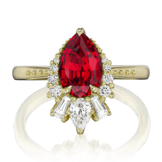 ::color_yellow ::shank_no ::shank_three-quarters_halfway_no ::| 2.21ctw+ pear ruby engagement ring with diamond accents Artemis yellow gold front view