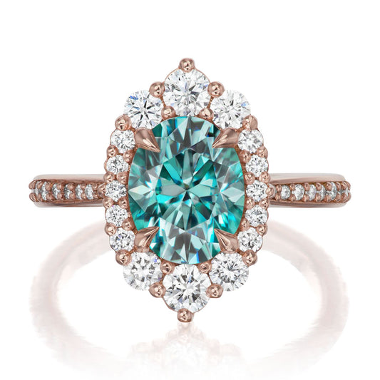 ::color_rose ::shank_halfway_three-quarters ::shank_three-quarters_halfway_no ::| 2.65ctw+ oval aqua-teal moissanite engagement ring Sofia rose gold diamond shank front view