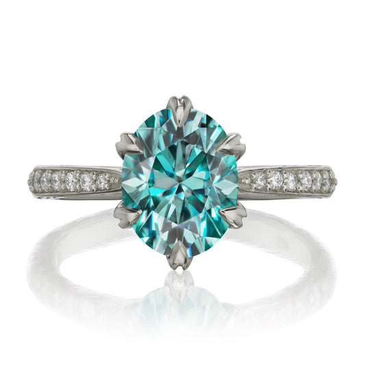 ::color_white ::| 2.1ctw oval aqua-teal moissanite engagement ring Layla white gold diamond shank front view