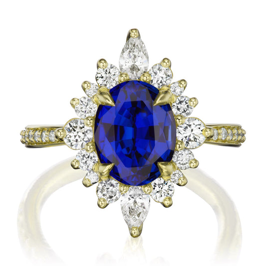 ::color_yellow ::shank_halfway_three-quarters ::shank_three-quarters_halfway_no ::| 3.35ctw+ oval blue sapphire engagement ring Anika yellow gold diamond shank front view