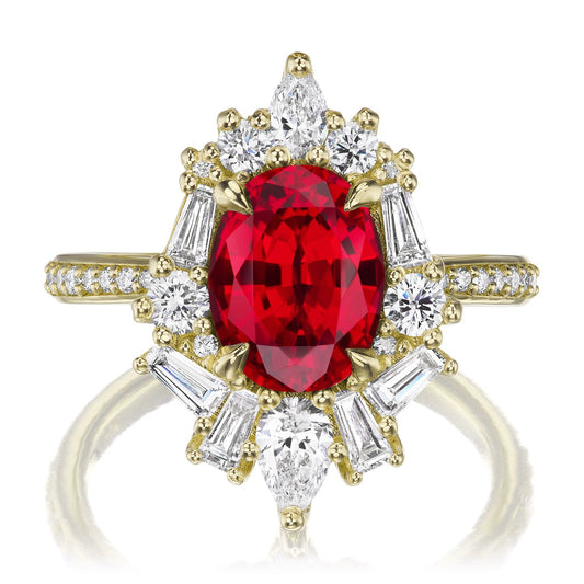 ::color_yellow ::shank_halfway_three-quarters ::shank_three-quarters_halfway_no ::| 3.4ctw+ oval ruby engagement ring Nyx yellow gold diamond shank front view