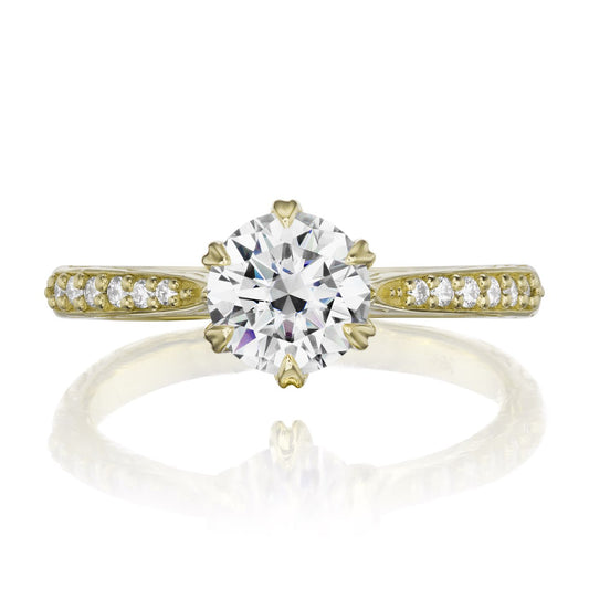 ::color_yellow ::| 1ctw round moissanite engagement ring Camille yellow gold diamond shank front view