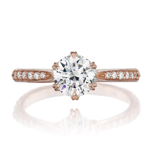 ::color_rose ::| 1ctw round moissanite engagement ring Camille rose gold diamond shank front view