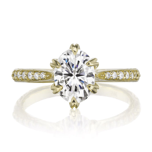::color_yellow ::| 1.5ctw oval moissanite engagement ring Layla yellow gold diamond shank front view