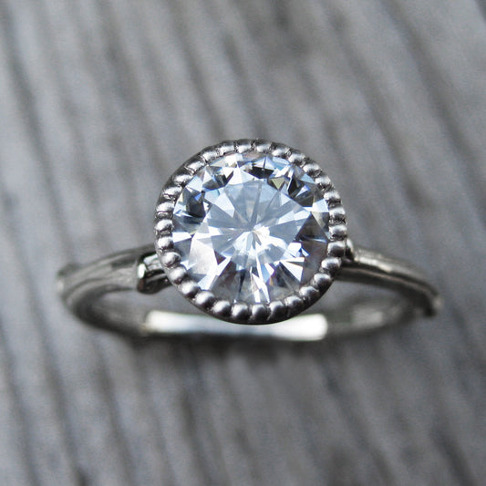 Round Forever Brilliant™ Moissanite Twig Engagement Ring; Beaded Bezel (1ct)